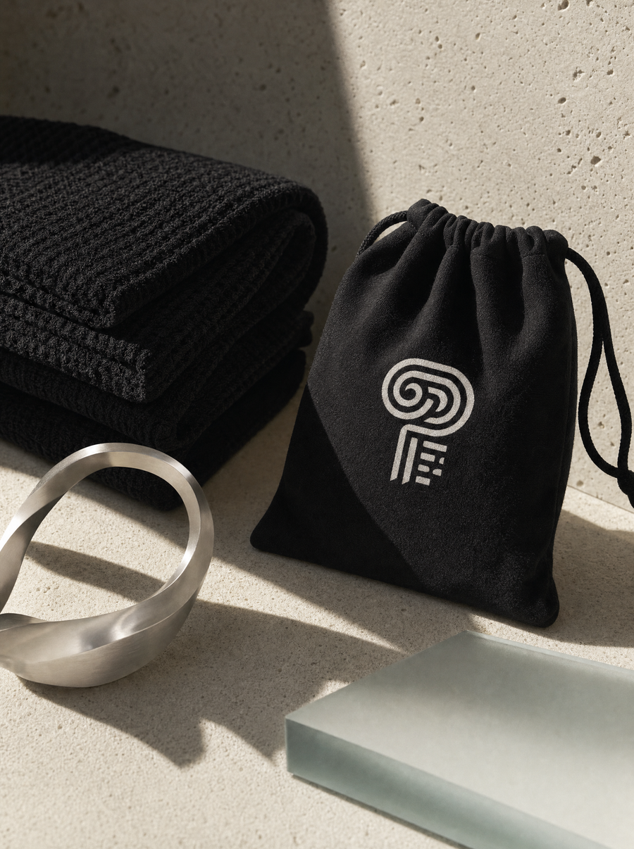 Polocom Plus emblem on black fabric with sculptural accessories styling.