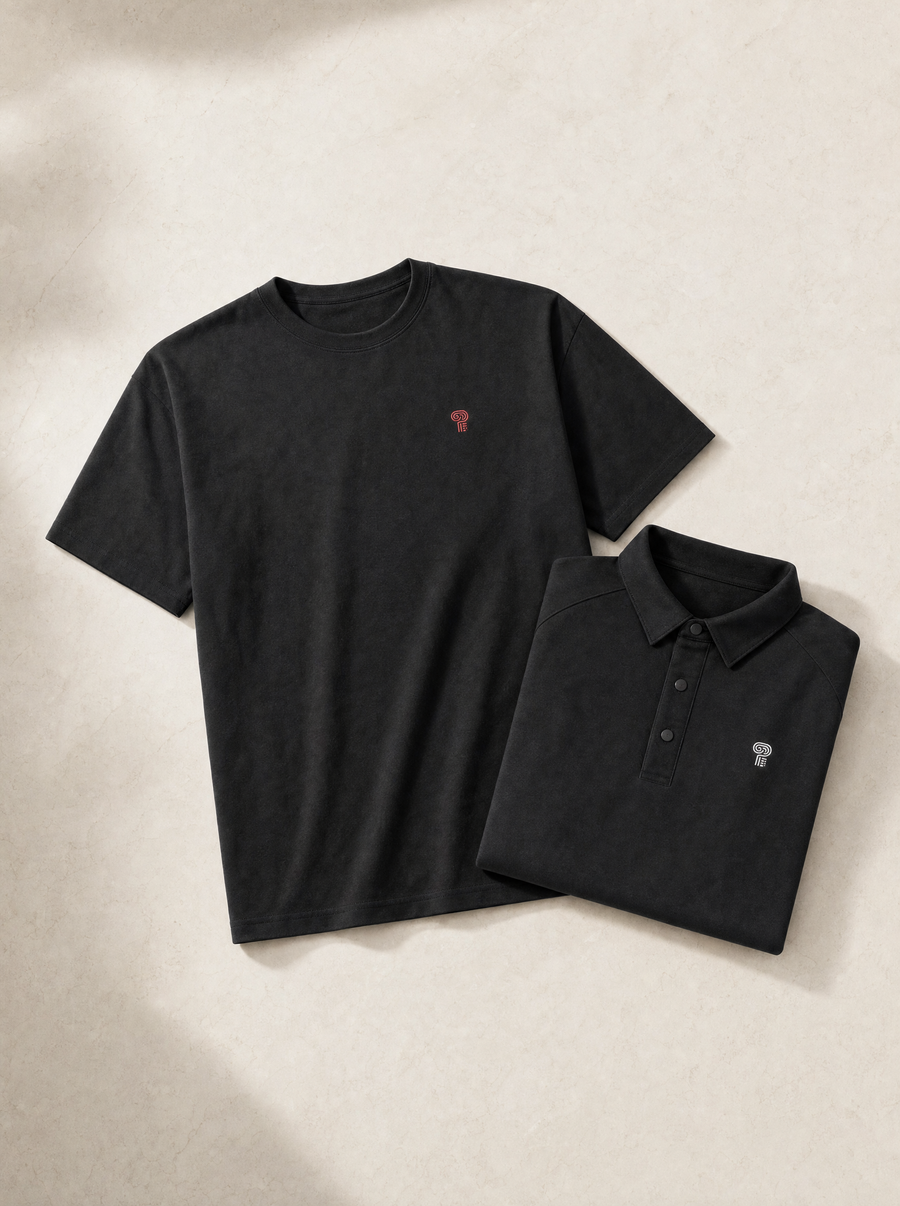 Polocom Plus black tee and polo in a clean studio flatlay.