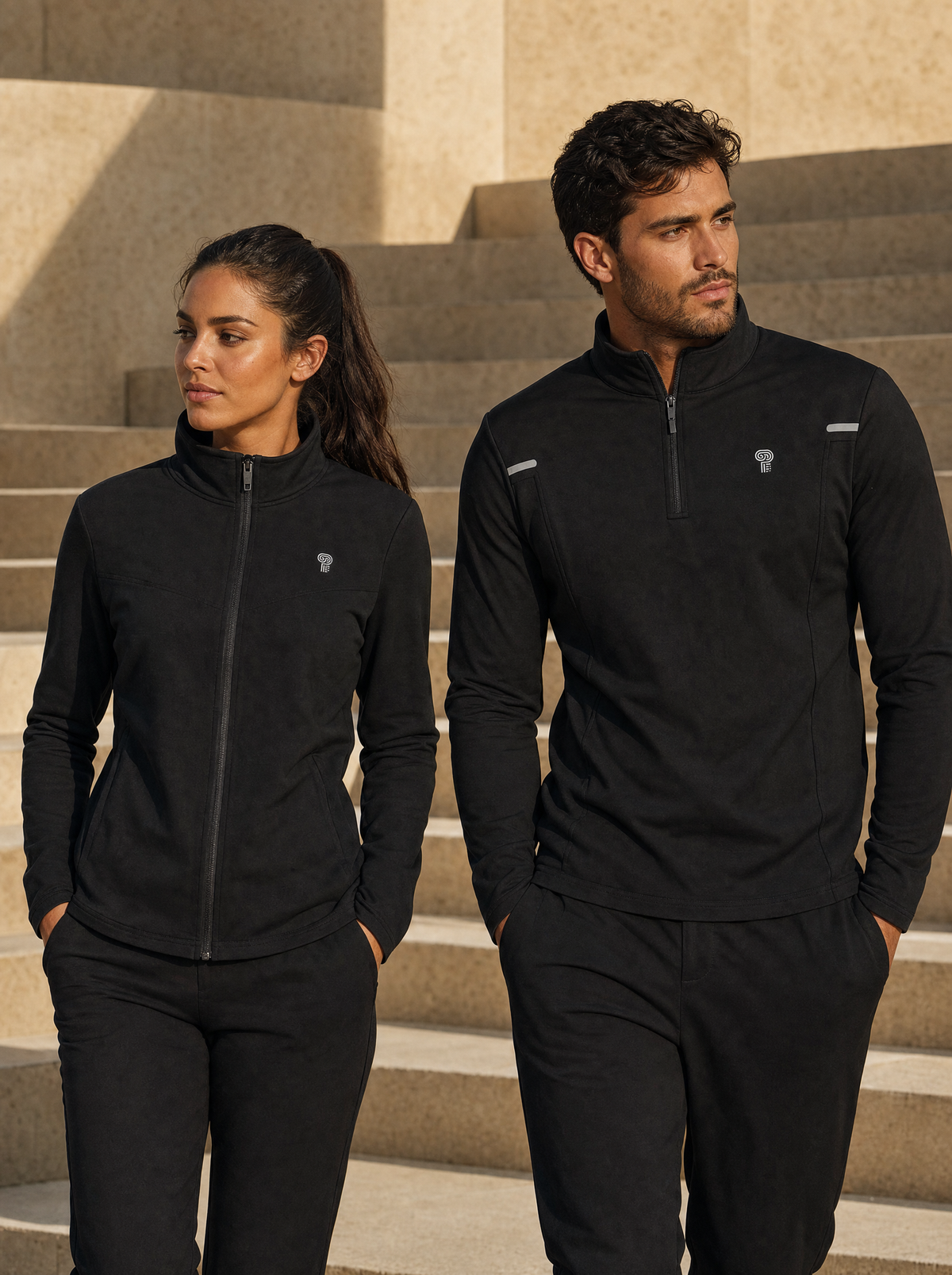 Adult woman and man wearing coordinated black Polocom Plus layers.