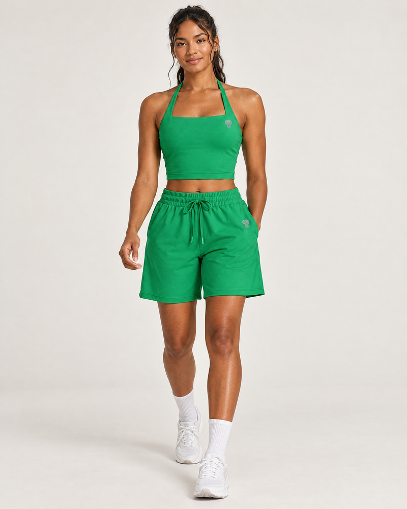 Polocom Plus Form Square-Neck Shorts Set in Christmas Green, worn by an adult model with a small silver P emblem