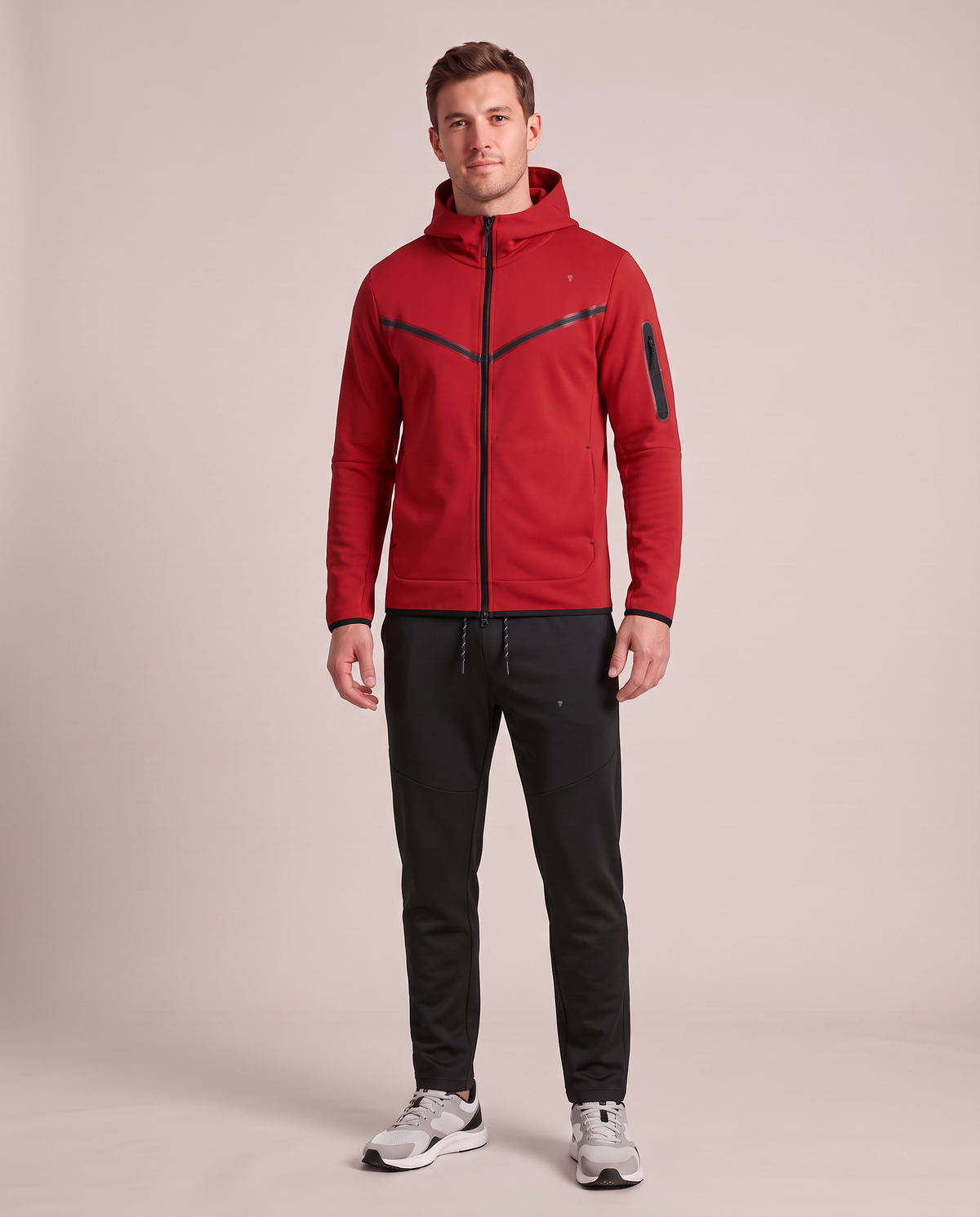 Polocom Plus Vector Hooded Tracksuit - Red - worn front with small silver emblem [9001]