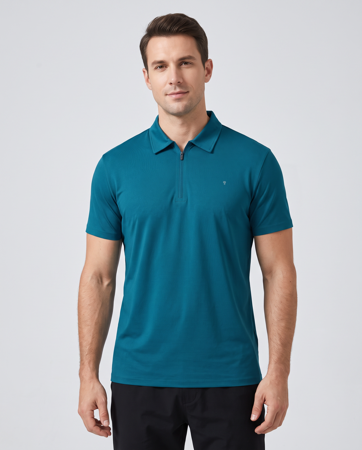 Polocom Plus Fairway Quarter-Zip Polo - Blue - worn front with small silver emblem [9049]