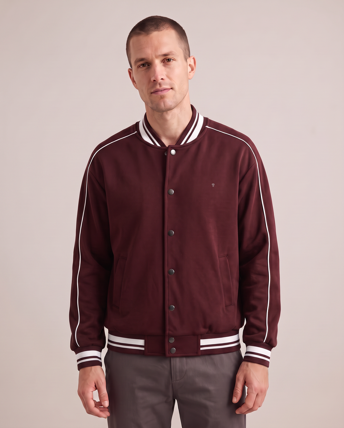Polocom Plus Varsity Stripe-Trim Jacket - Wine Red+White - worn front with small silver emblem [9018]