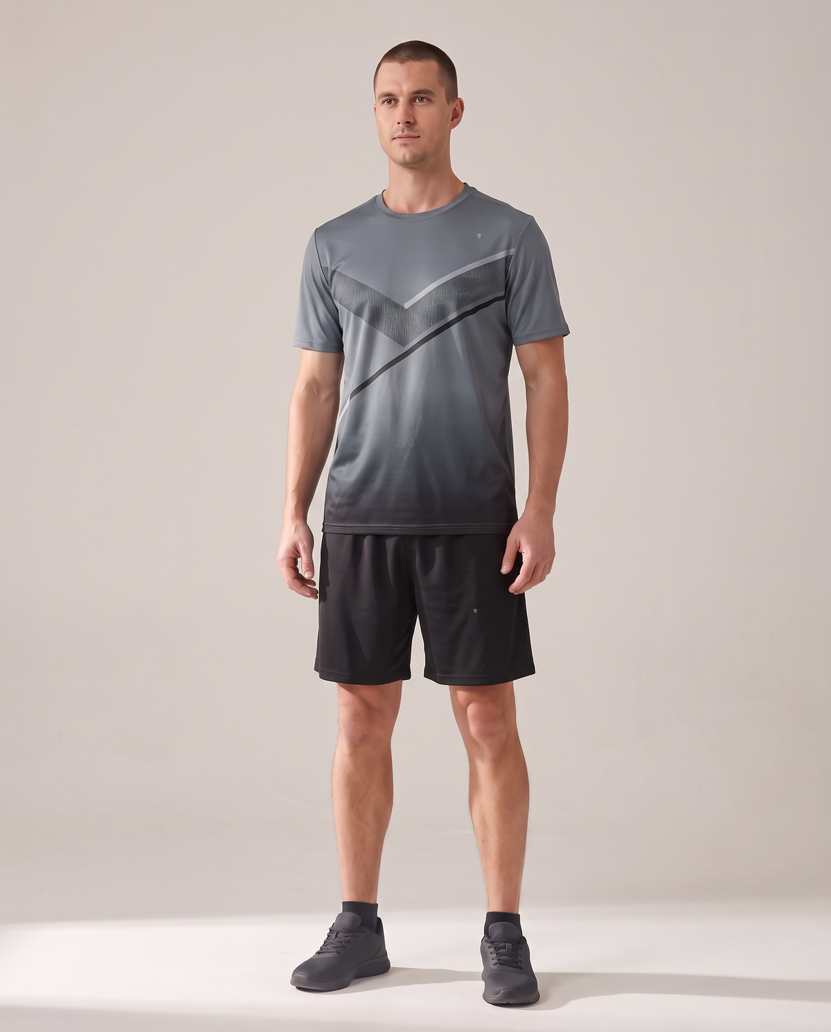 Polocom Plus Chevron Print Shorts Set - Gray - worn front with small silver emblems [9039]
