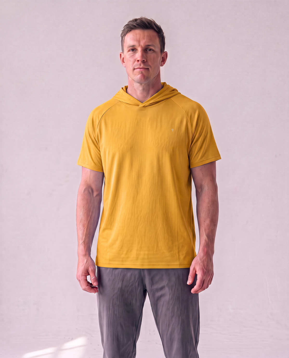 Polocom Plus Pace Short-Sleeve Hooded Tee - Yellow - worn front with small silver emblem [9029]