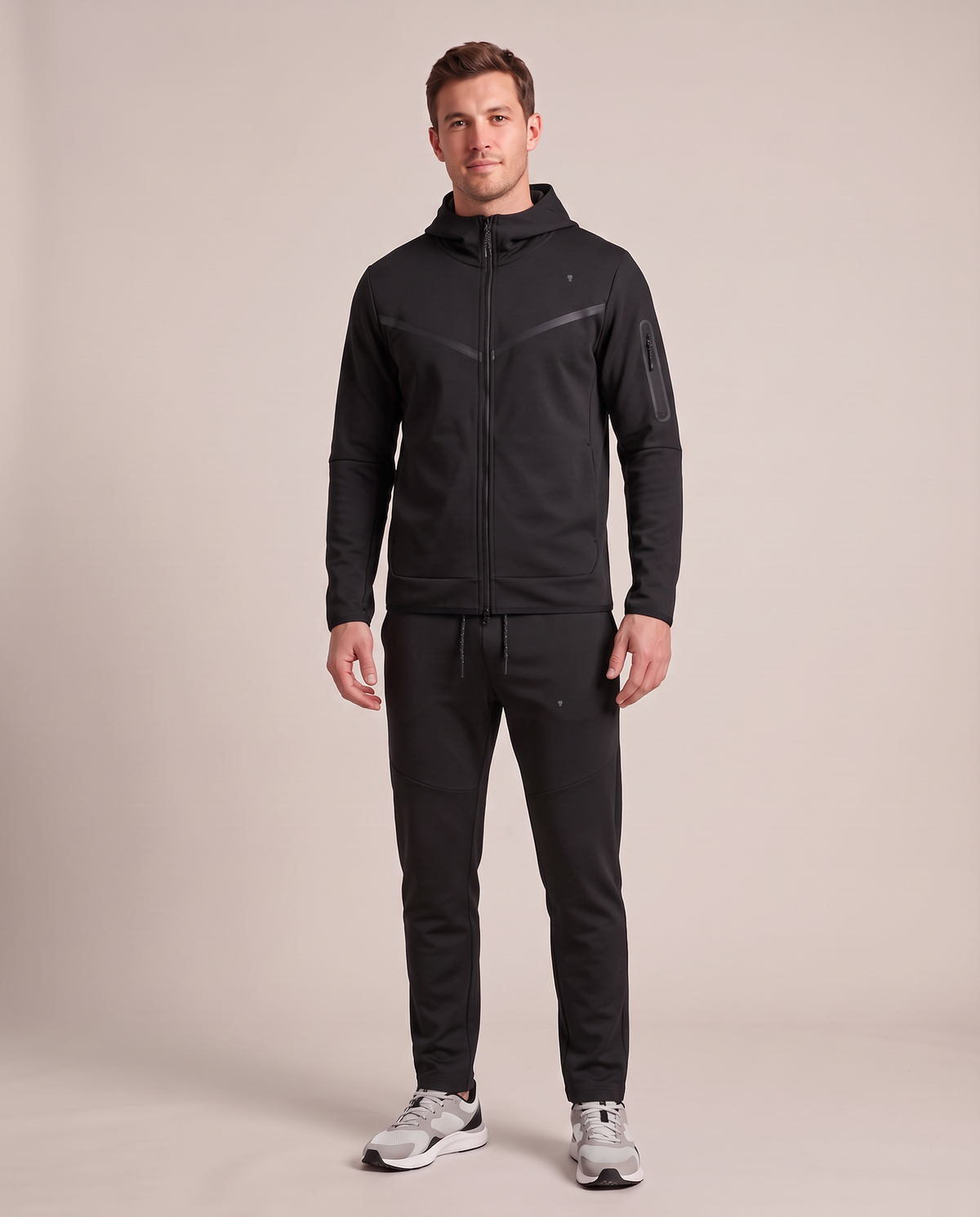 Polocom Plus Vector Hooded Tracksuit - Black - worn front with small silver emblem [9000]