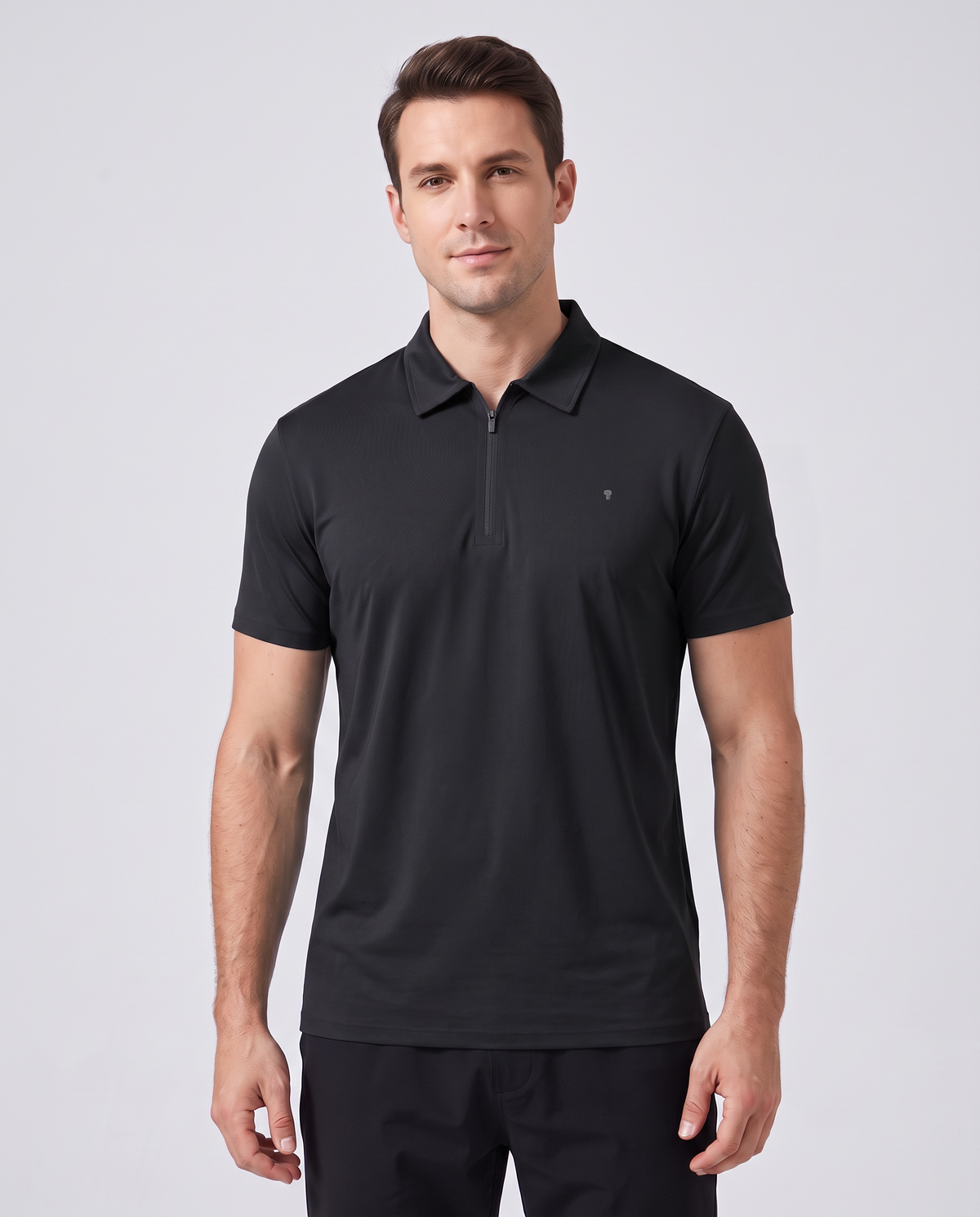 Polocom Plus Fairway Quarter-Zip Polo - Black - worn front with small silver emblem [9050]
