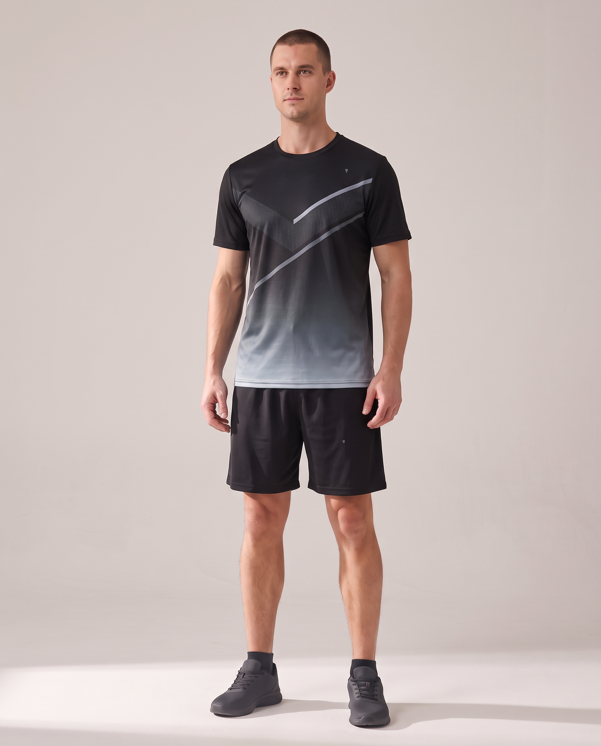 Polocom Plus Chevron Print Shorts Set - Black - worn front with small silver emblems [9037]