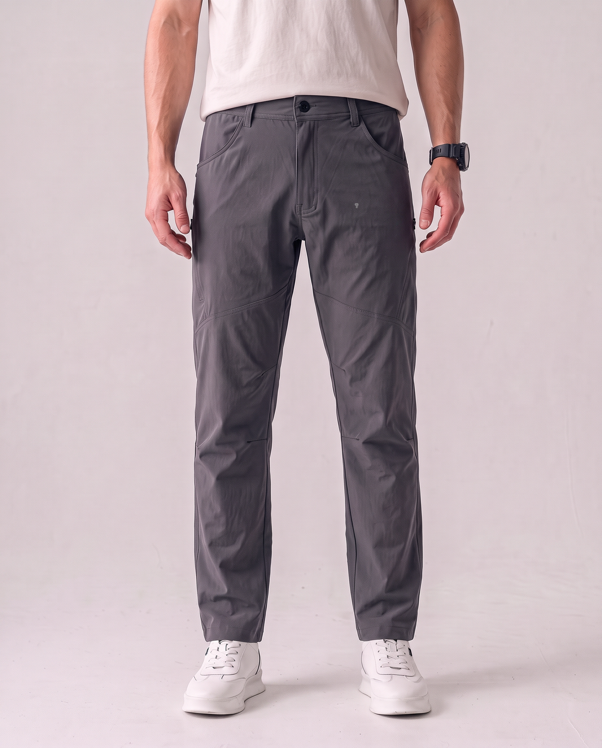 Polocom Plus Court Belt-Loop Pants - Grey - worn front with small silver emblem [9014]