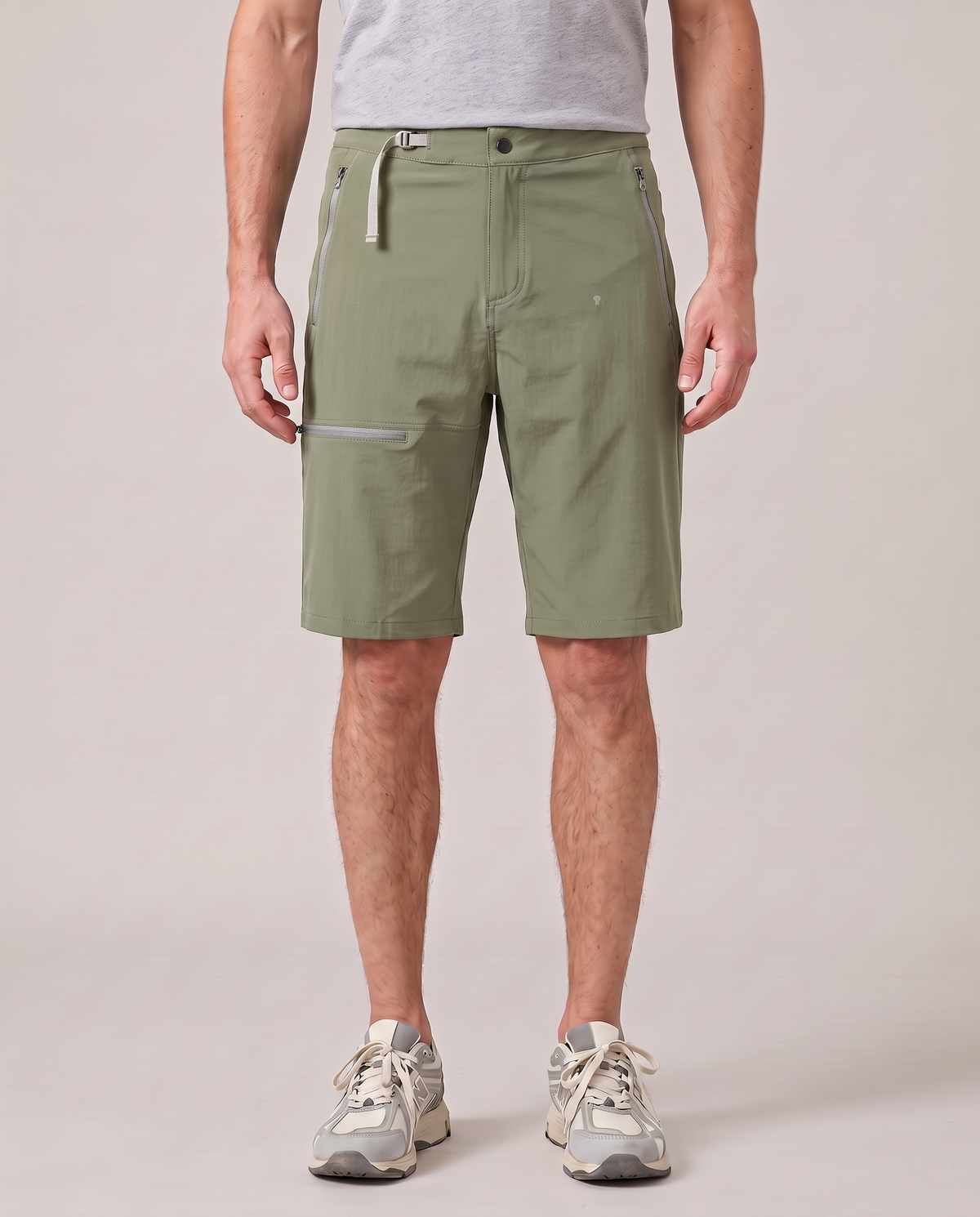 Polocom Plus Court Flat-Waist Shorts - Khaki - worn front with small silver emblem [9009]