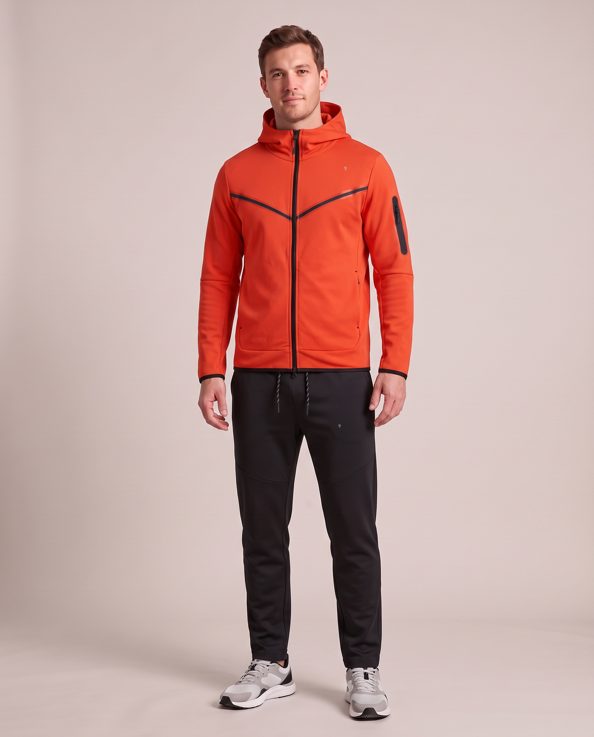 Polocom Plus Vector Hooded Tracksuit - Orange - worn front with small silver emblem [9002]