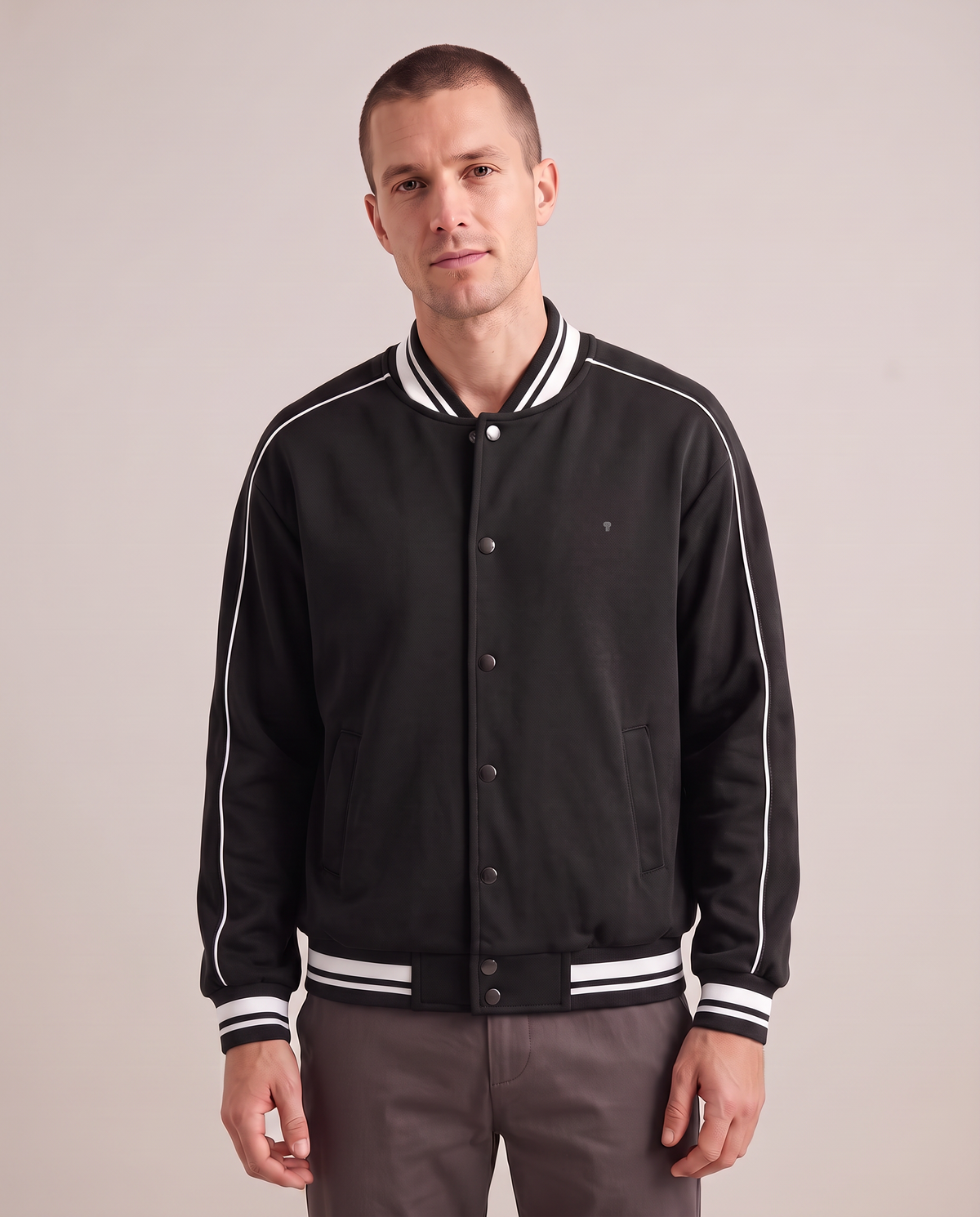 Polocom Plus Varsity Stripe-Trim Jacket - Black+White - worn front with small silver emblem [9021]