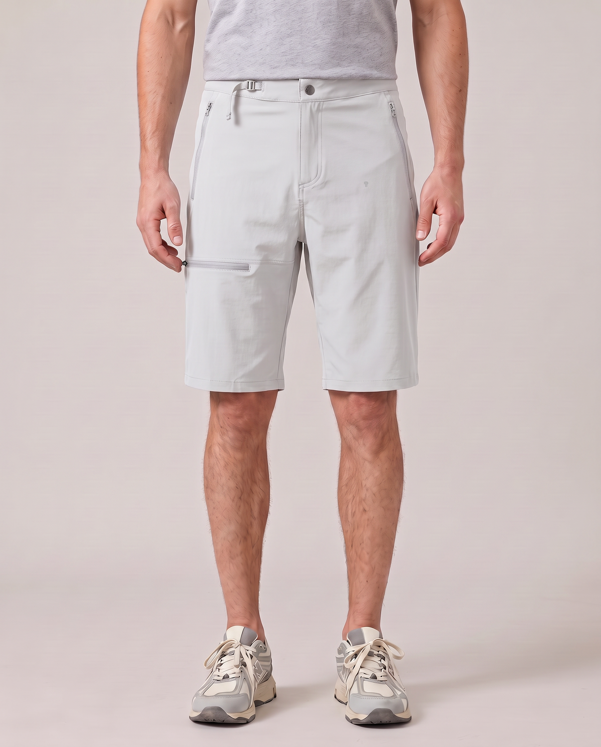 Polocom Plus Court Flat-Waist Shorts - Grey - worn front with small silver emblem [9007]