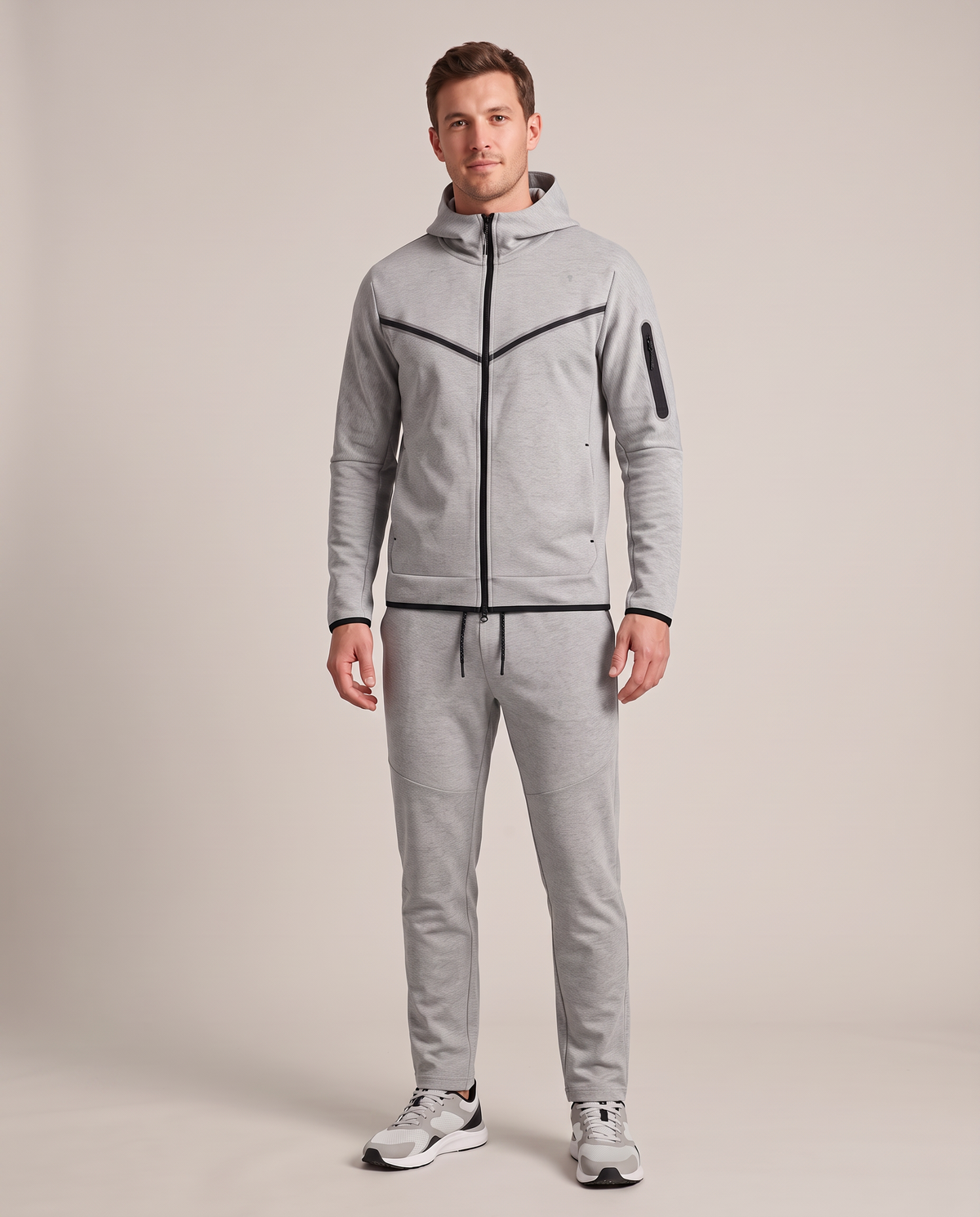 Polocom Plus Vector Hooded Tracksuit - Gray - worn front with small silver emblem [9003]
