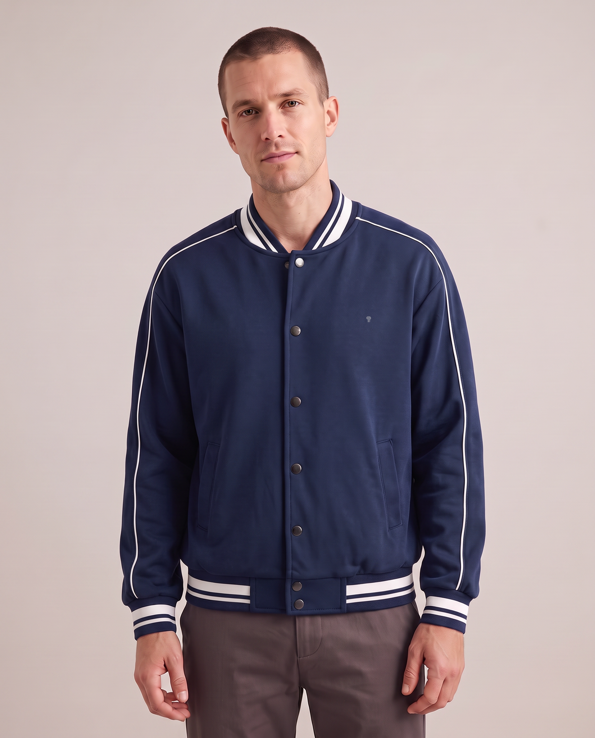 Polocom Plus Varsity Stripe-Trim Jacket - Navy+White - worn front with small silver emblem [9020]