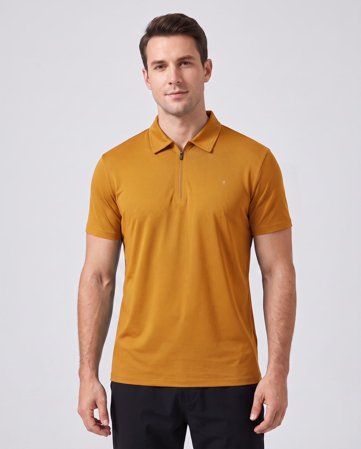 Polocom Plus Fairway Quarter-Zip Polo - Orange - worn front with small silver emblem [9051]