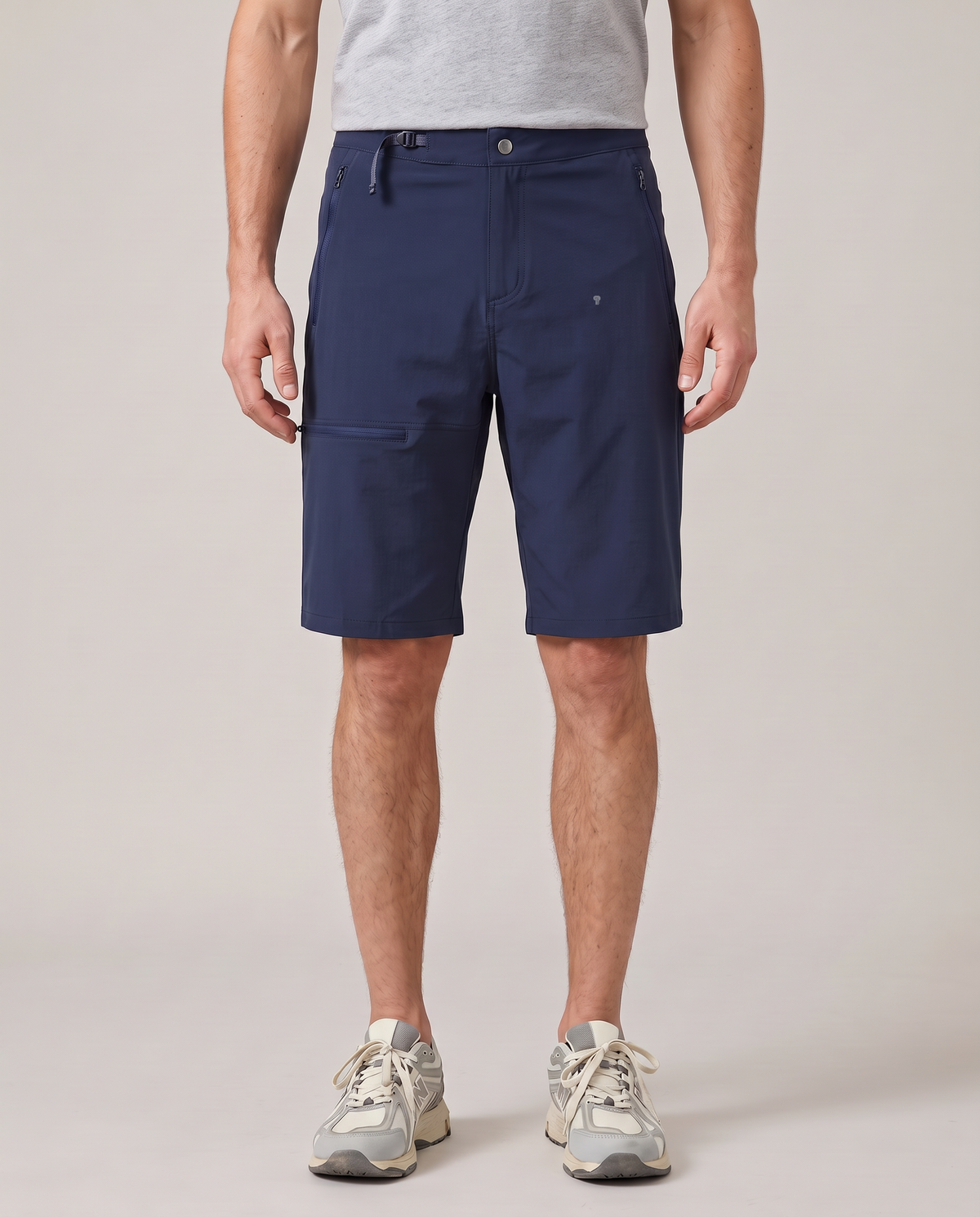 Polocom Plus Court Flat-Waist Shorts - Navy - worn front with small silver emblem [9006]