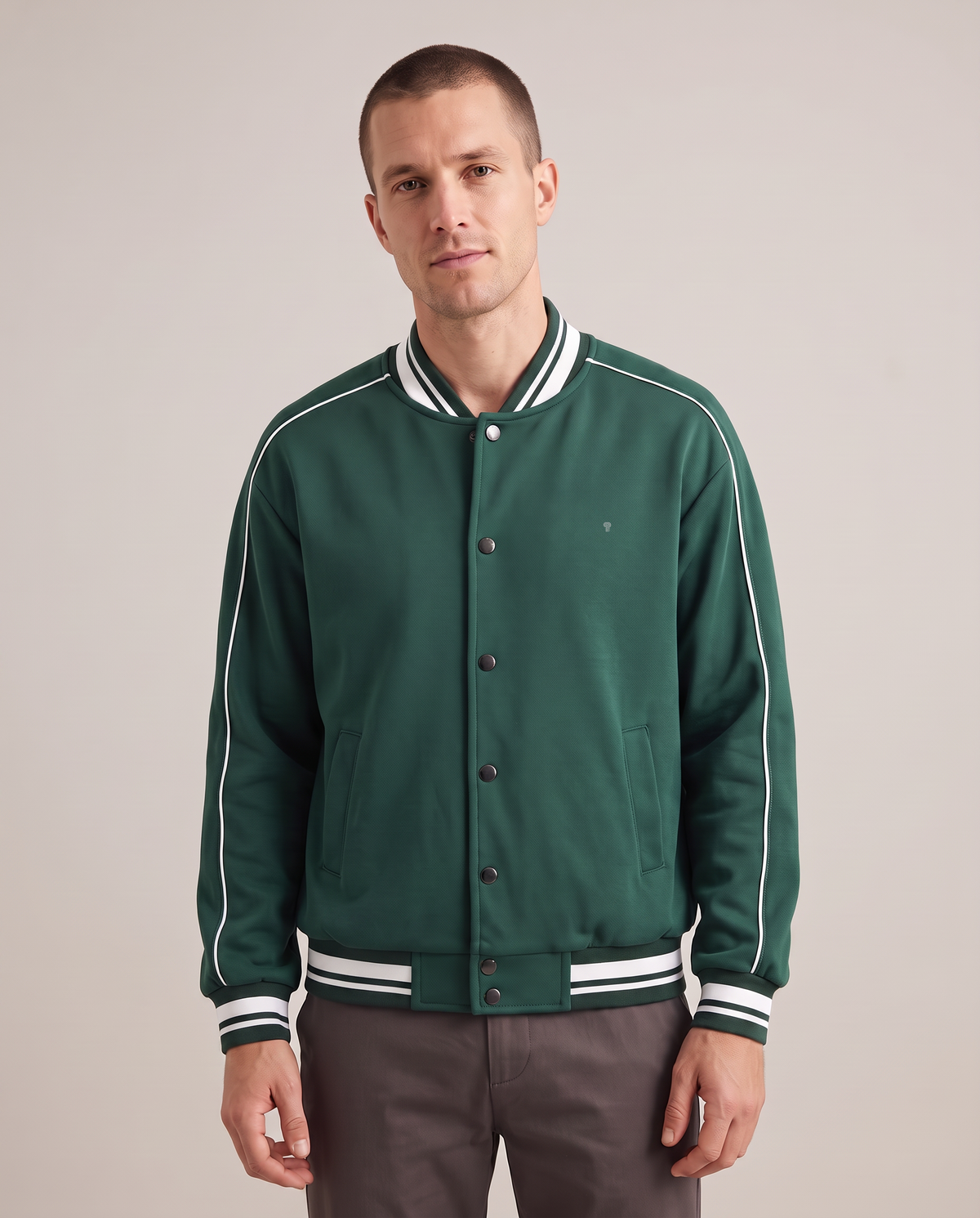 Polocom Plus Varsity Stripe-Trim Jacket - Ideal Green+White - worn front with small silver emblem [9022]