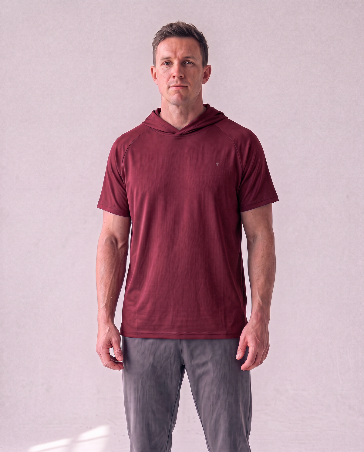 Polocom Plus Pace Short-Sleeve Hooded Tee - Red - worn front with small silver emblem [9033]