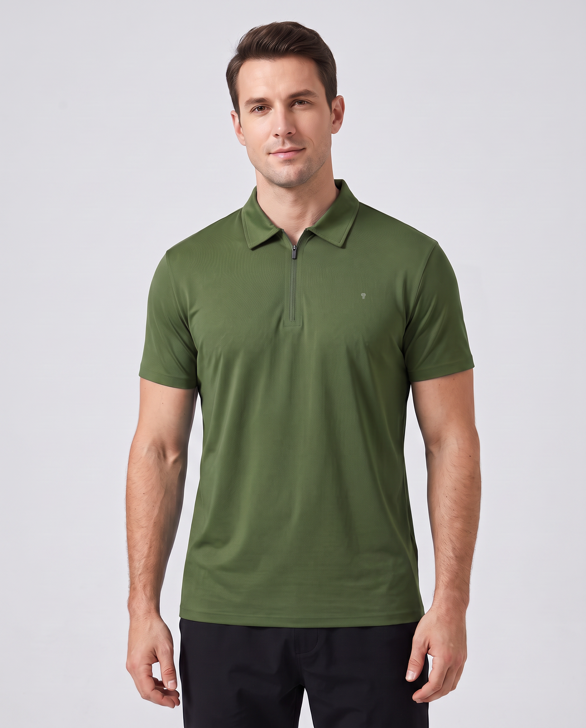 Polocom Plus Fairway Quarter-Zip Polo - Army Green - worn front with small silver emblem [9052]