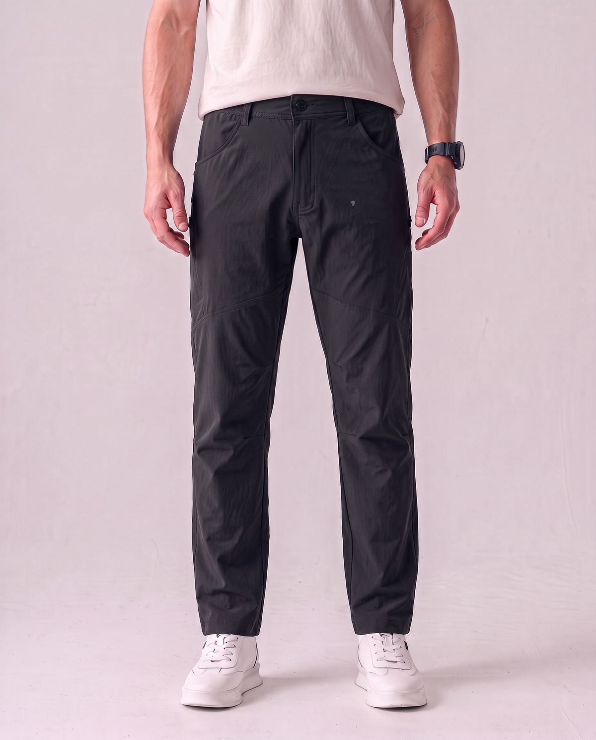 Polocom Plus Court Belt-Loop Pants - Black - worn front with small silver emblem [9013]
