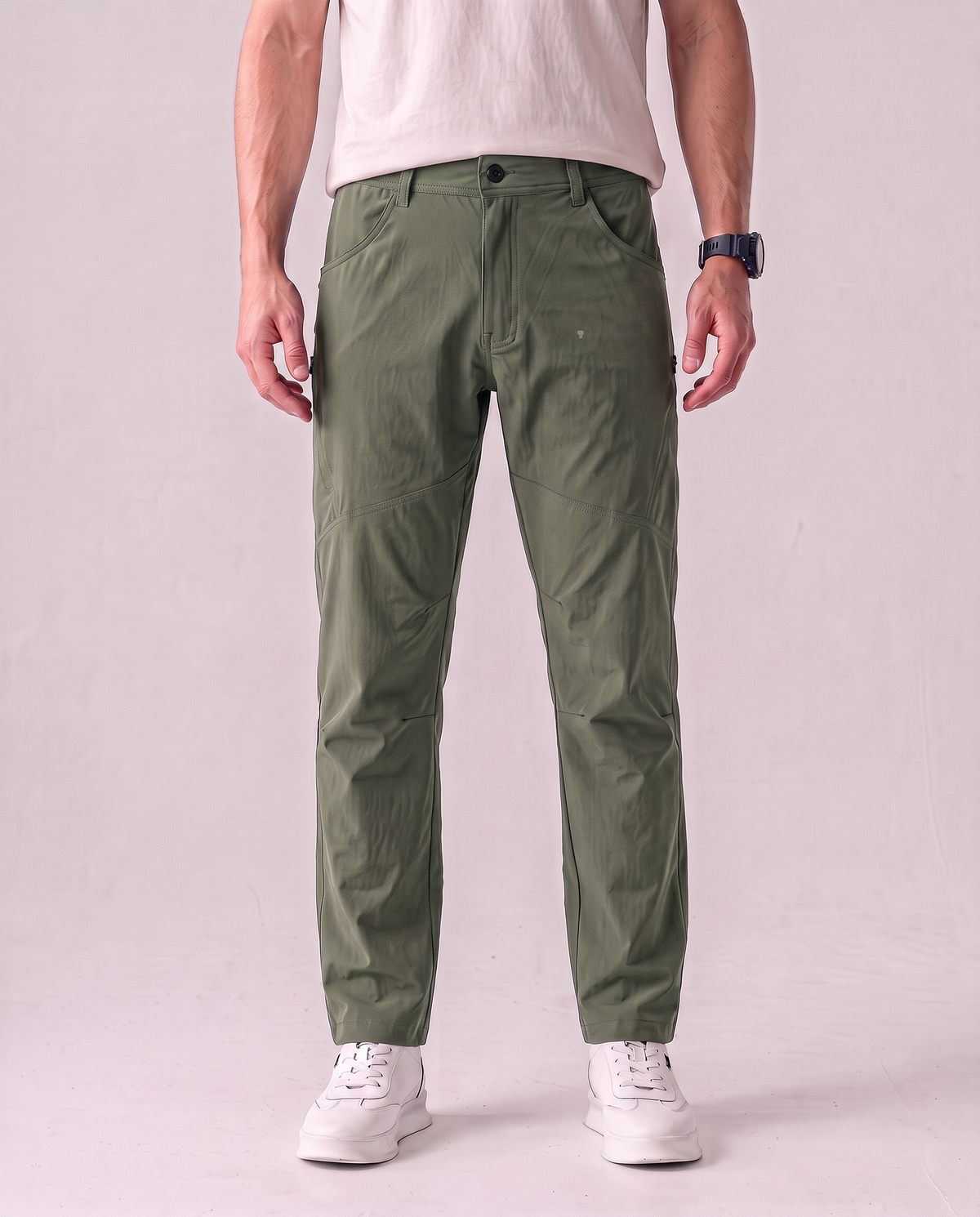 Polocom Plus Court Belt-Loop Pants - Green - worn front with small silver emblem [9015]