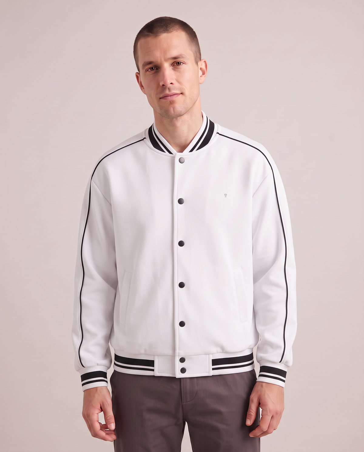 Polocom Plus Varsity Stripe-Trim Jacket - White+Black - worn front with small silver emblem [9019]
