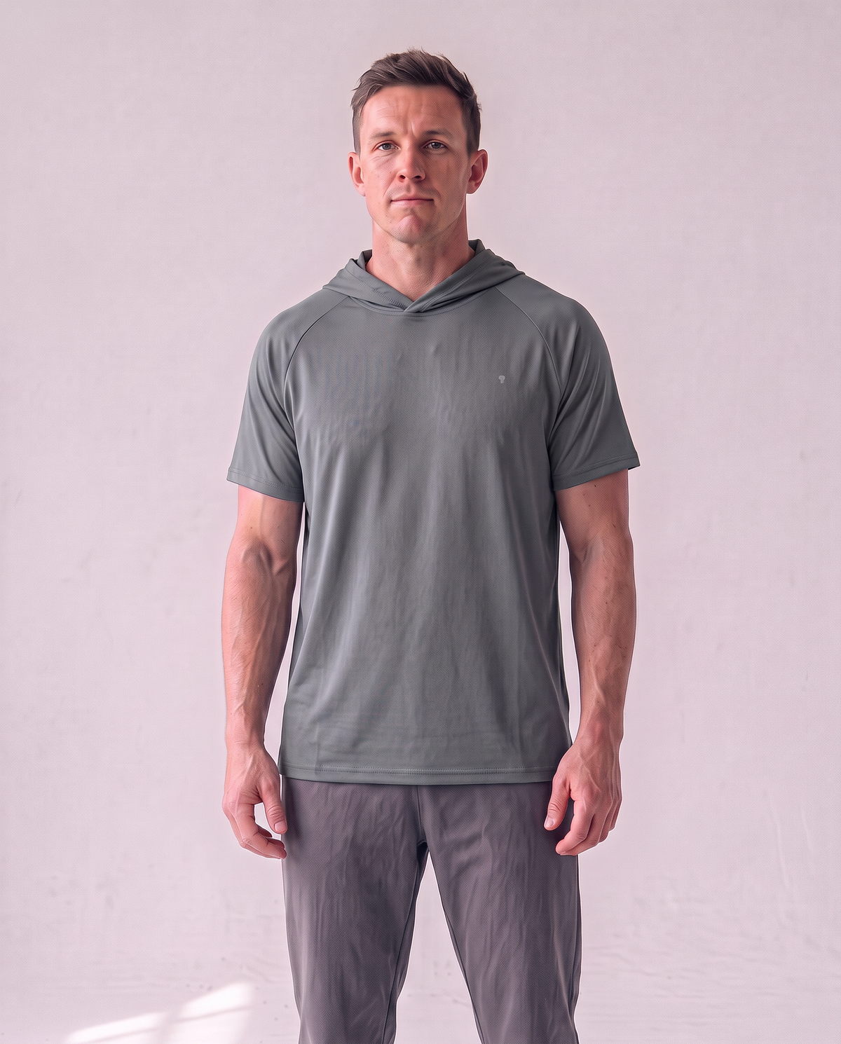 Polocom Plus Pace Short-Sleeve Hooded Tee - Gray - worn front with small silver emblem [9034]