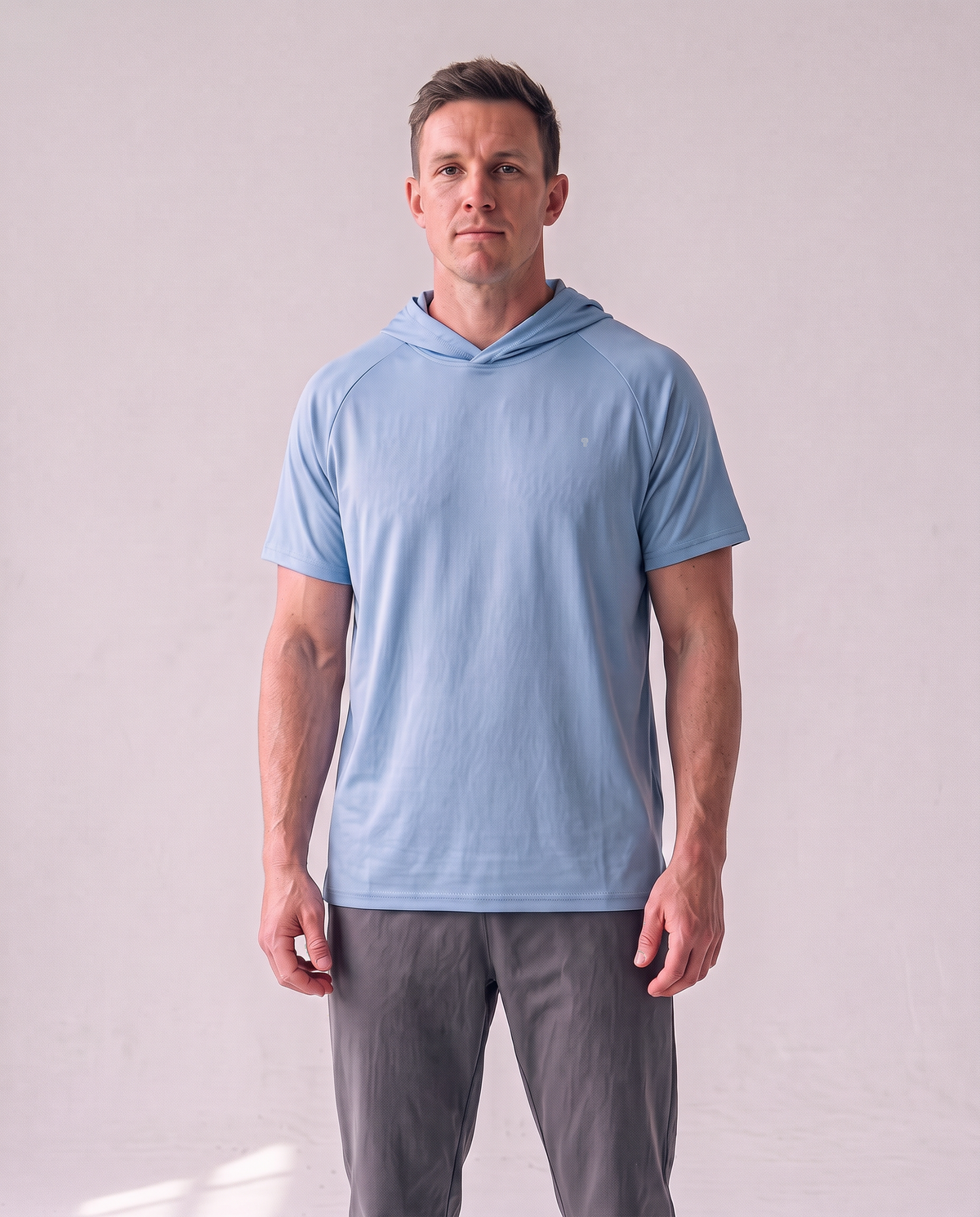 Polocom Plus Pace Short-Sleeve Hooded Tee - North Carolina Blue - worn front with small silver emblem [9026]