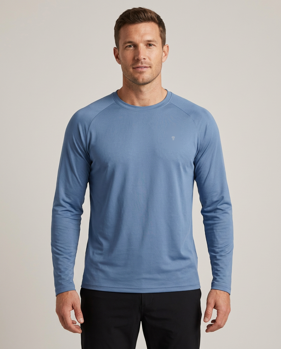 Polocom Plus Airlight Raglan Long-Sleeve Tee in Blue, front view worn by an adult male model