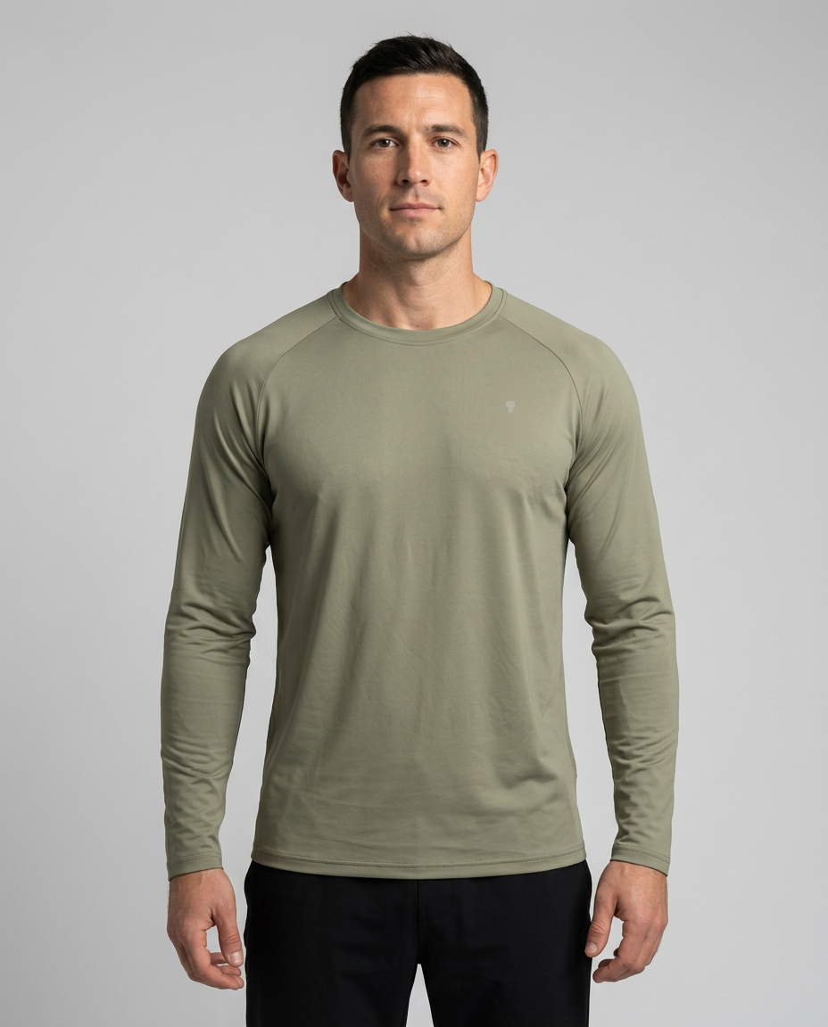 Polocom Plus Airlight Raglan Long-Sleeve Tee in Green, front view worn by an adult male model
