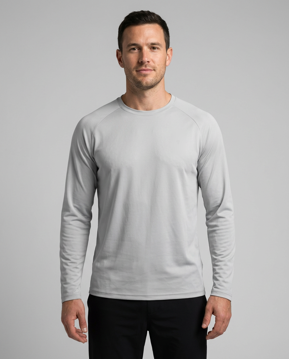 Polocom Plus Airlight Raglan Long-Sleeve Tee in Gray, front view worn by an adult male model