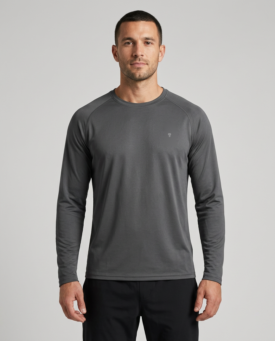 Polocom Plus Airlight Raglan Long-Sleeve Tee in Dark Gray, front view worn by an adult male model