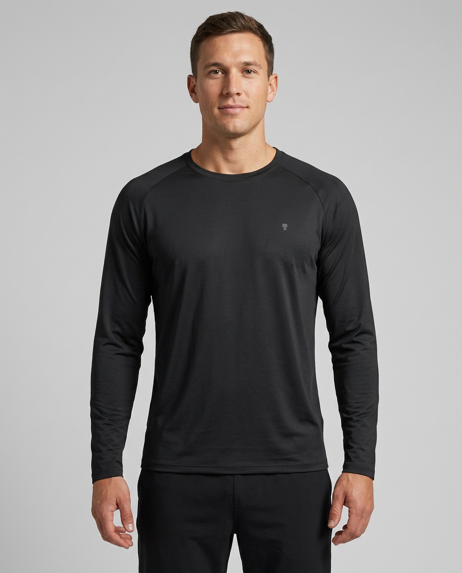 Polocom Plus Airlight Raglan Long-Sleeve Tee in Black, front view worn by an adult male model