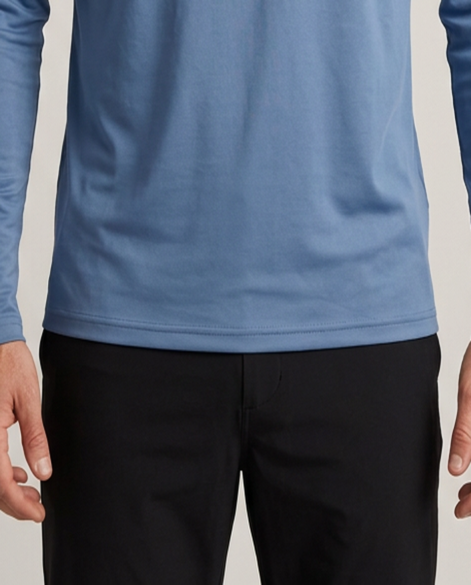 Polocom Plus Airlight Raglan Long-Sleeve Tee in Blue, straight hem and sleeve detail