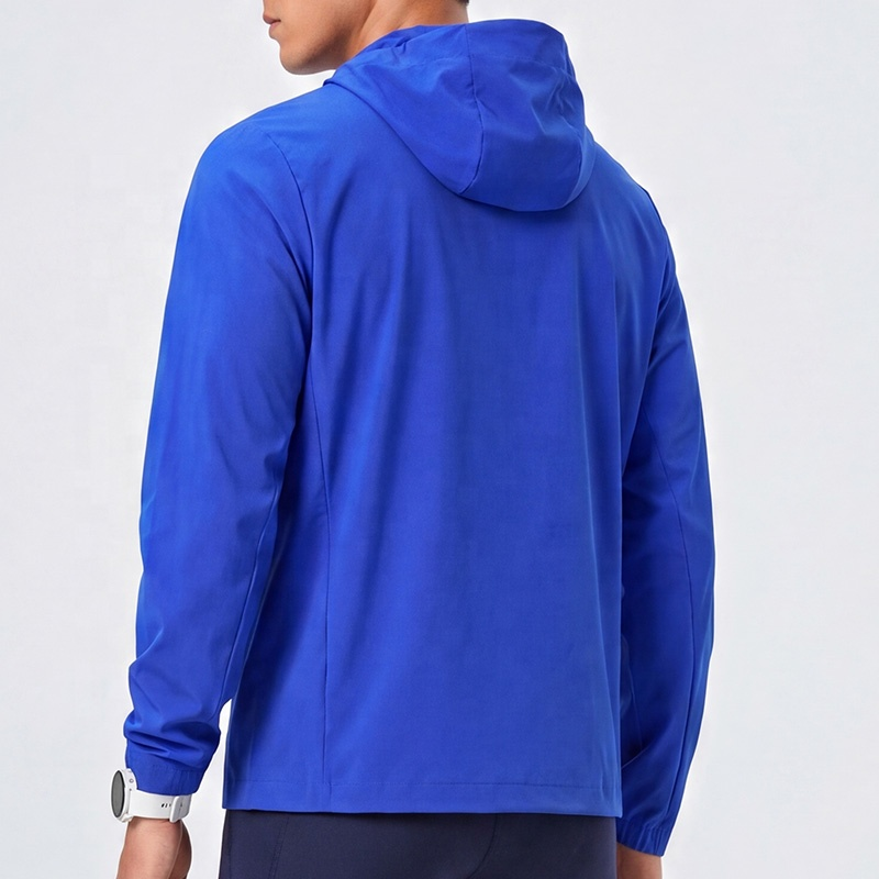 Polocom Plus Airlight Hooded Jacket in Blue, rear model view with hood down