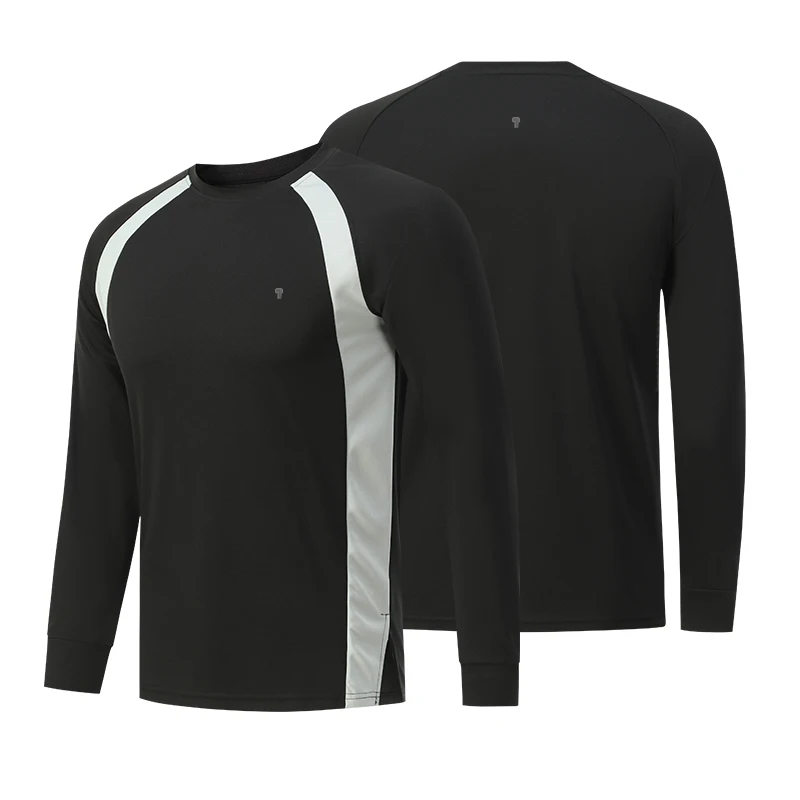 Polocom Plus Arc Panel Long Sleeve Tee in Black, front and back garment views