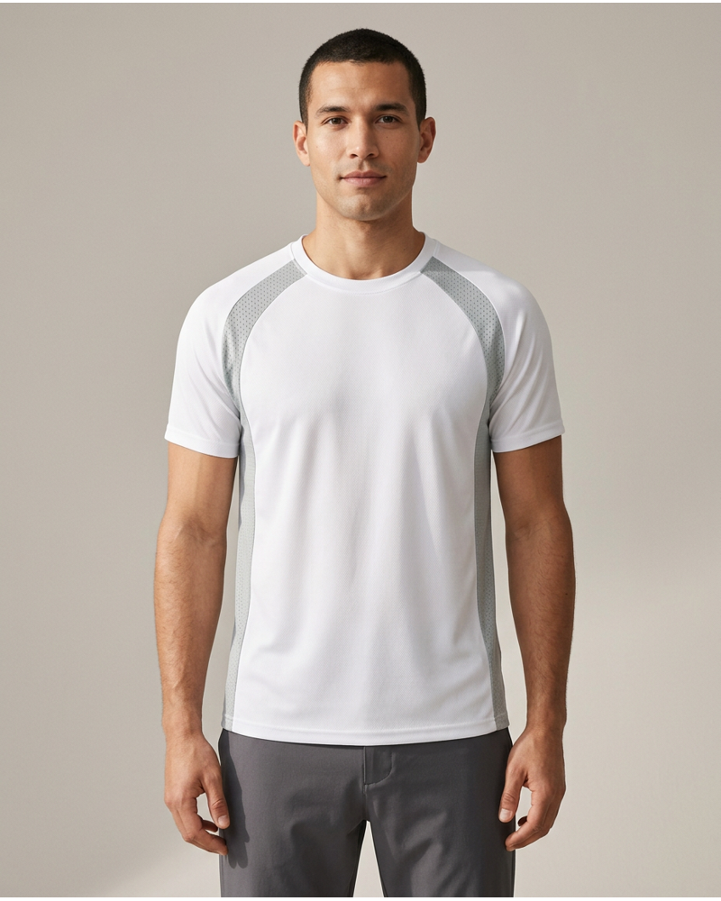 Polocom Plus Arc Panel Training Tee in White, model front view