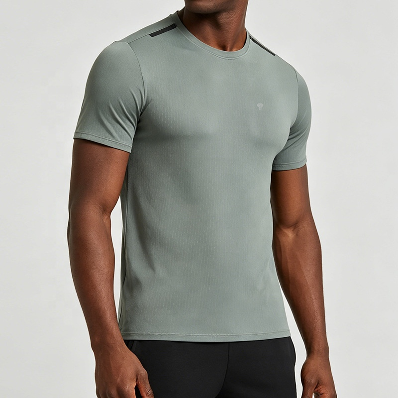 Polocom Plus Axis Shoulder-Stripe Training Tee in Army Green, model front view