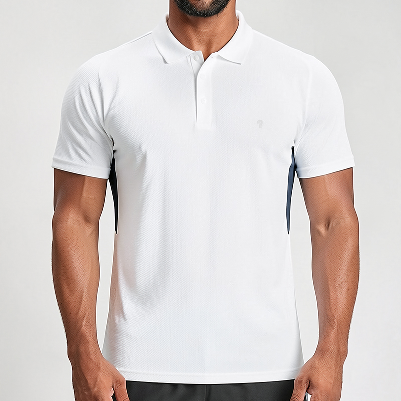 Polocom Plus Axis Stretch Golf Polo in White, front view on male model