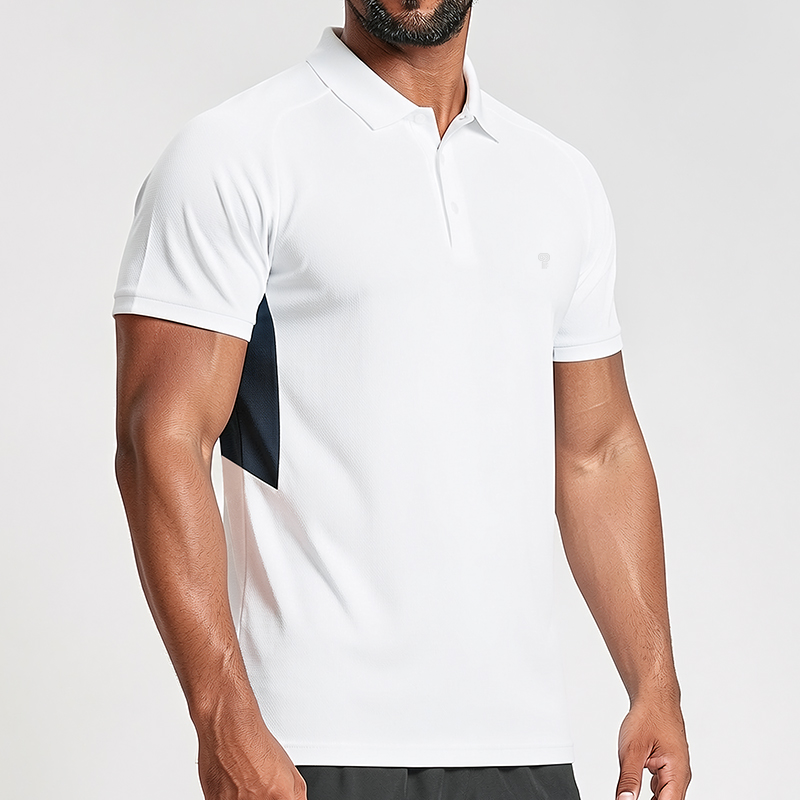 Polocom Plus Axis Stretch Golf Polo in White, angled front view on male model