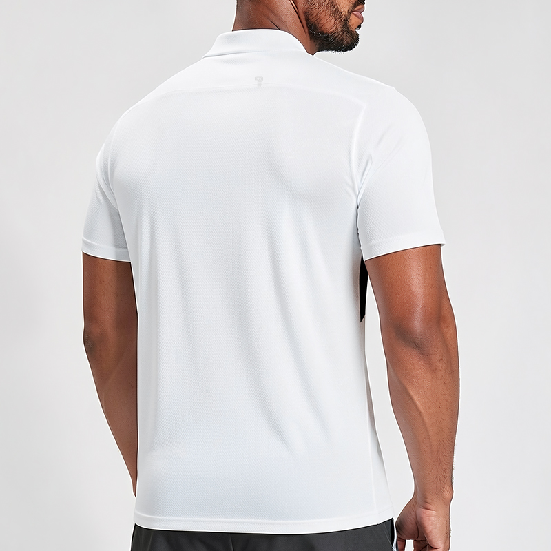 Polocom Plus Axis Stretch Golf Polo in White, rear view on male model