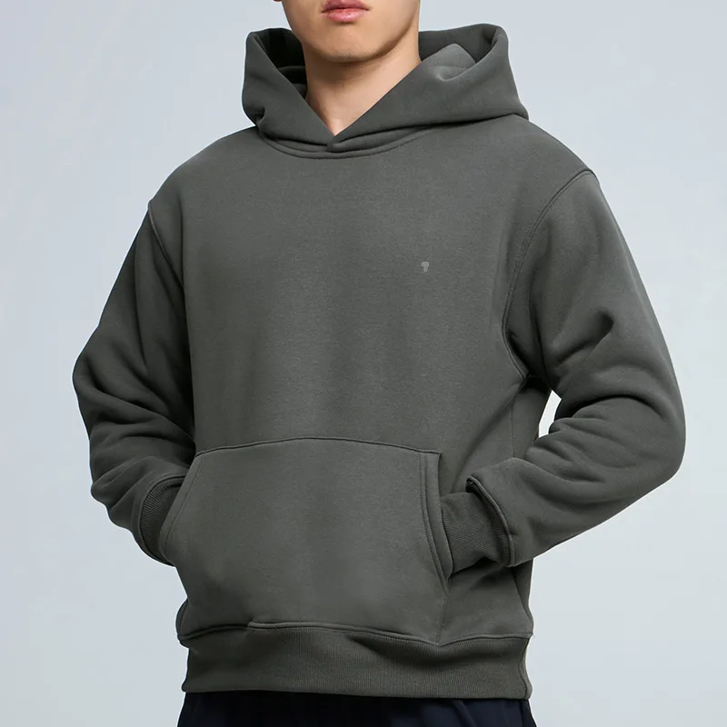 Polocom Plus Cocoon Oversized Fleece Hoodie in Carbon Gray, front view worn by an adult male model