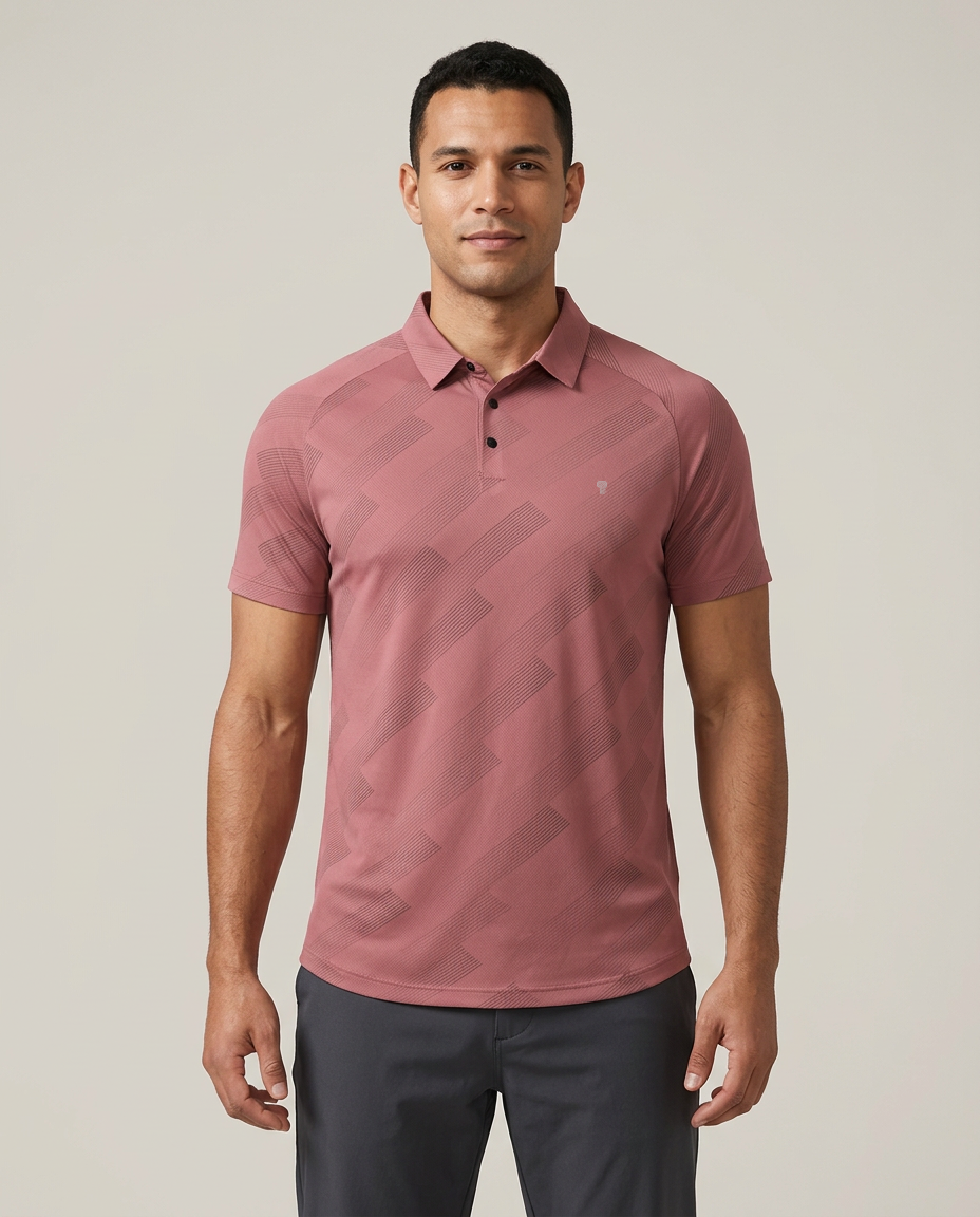 Polocom Plus Contour Golf Polo in Pink, front view worn by an adult male model