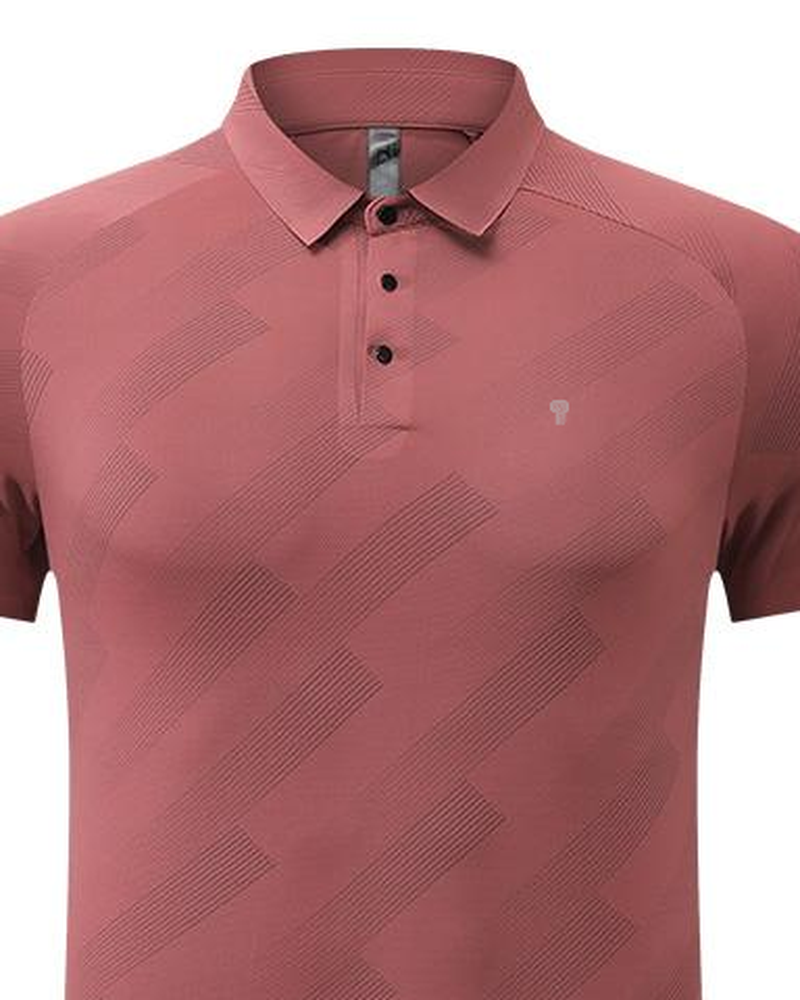 Polocom Plus Contour Golf Polo in Pink, collar, button placket and tonal pattern detail