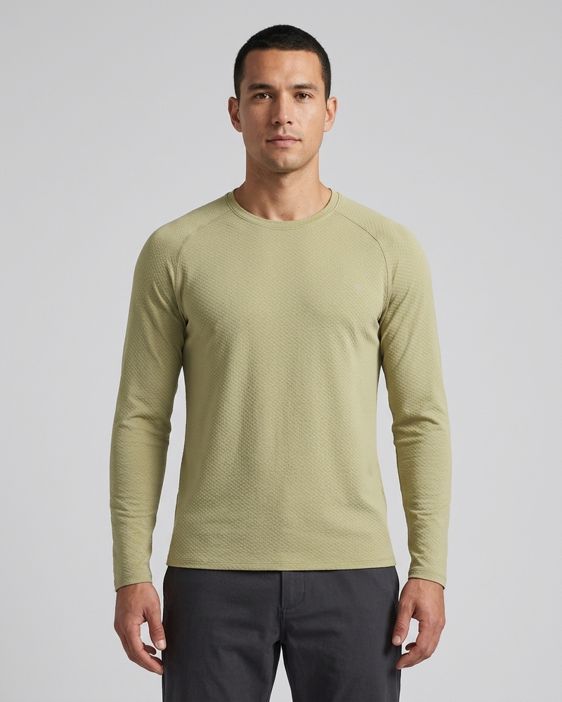 Polocom Plus Contour Knit Long Sleeve Tee in Khaki, model front view