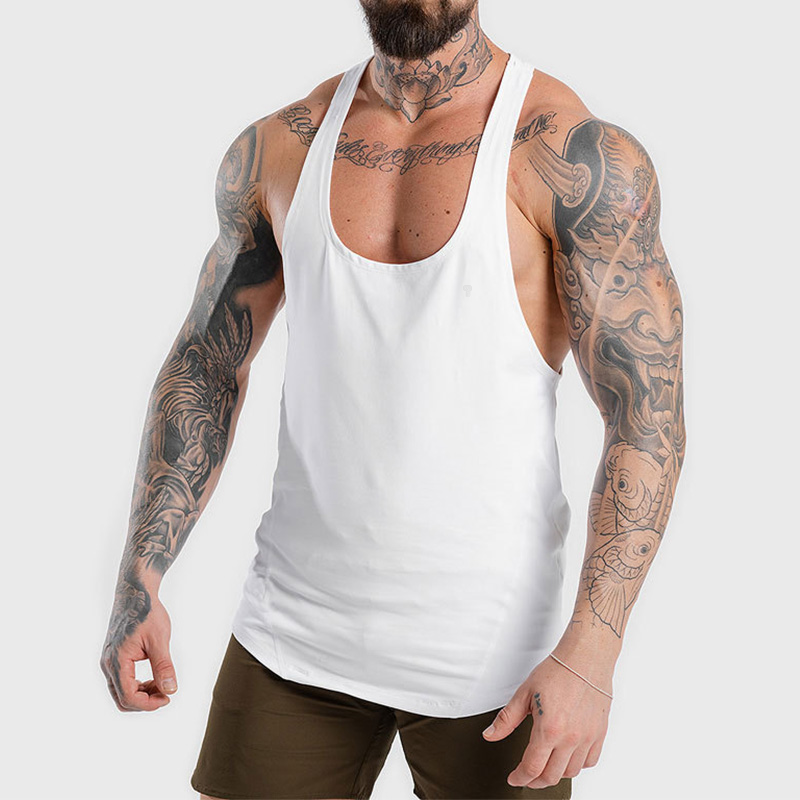 Polocom Plus Core Racerback Stringer Tank in White, model front view