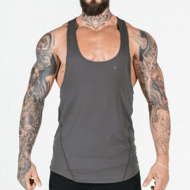 Polocom Plus Core Racerback Stringer Tank in Gray, model front view