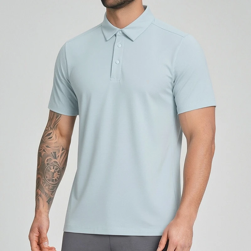 Polocom Plus Course Stretch Polo in Light Blue, front view on an adult male model