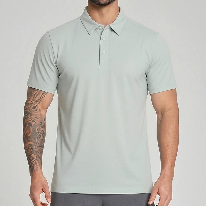 Polocom Plus Course Stretch Polo in Silver Gray, front view on an adult male model